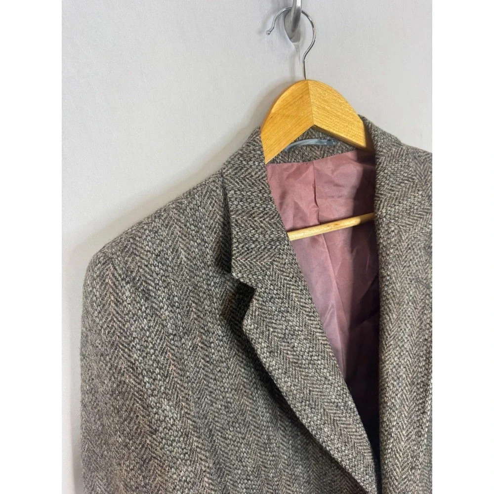 Harris Tweed Mens 40L Tall Brown Herringbone Wool Blazer Elbow Patches